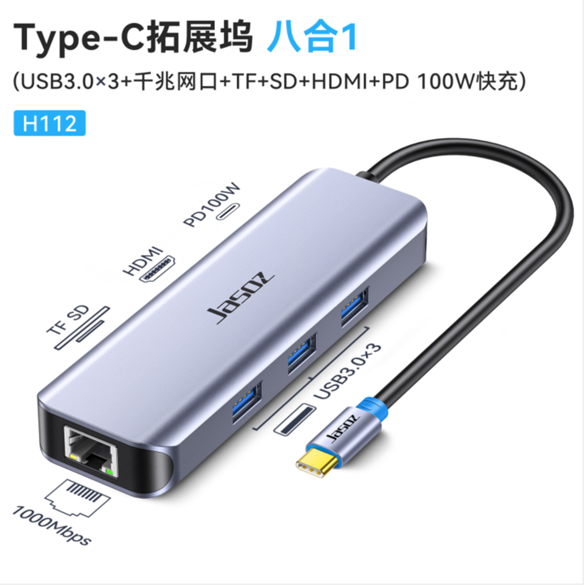 捷森 H112 Type-C扩展坞八合一 USB3.0*3+HDMI+PD+SD+TF +千兆RJ4 | 编号：SP01267